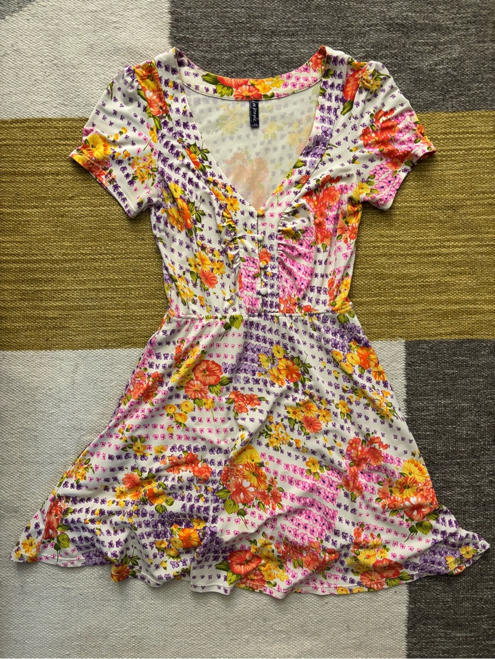 Free People White Floral Scoop Neck Dress with Orange & Yellow Blooms